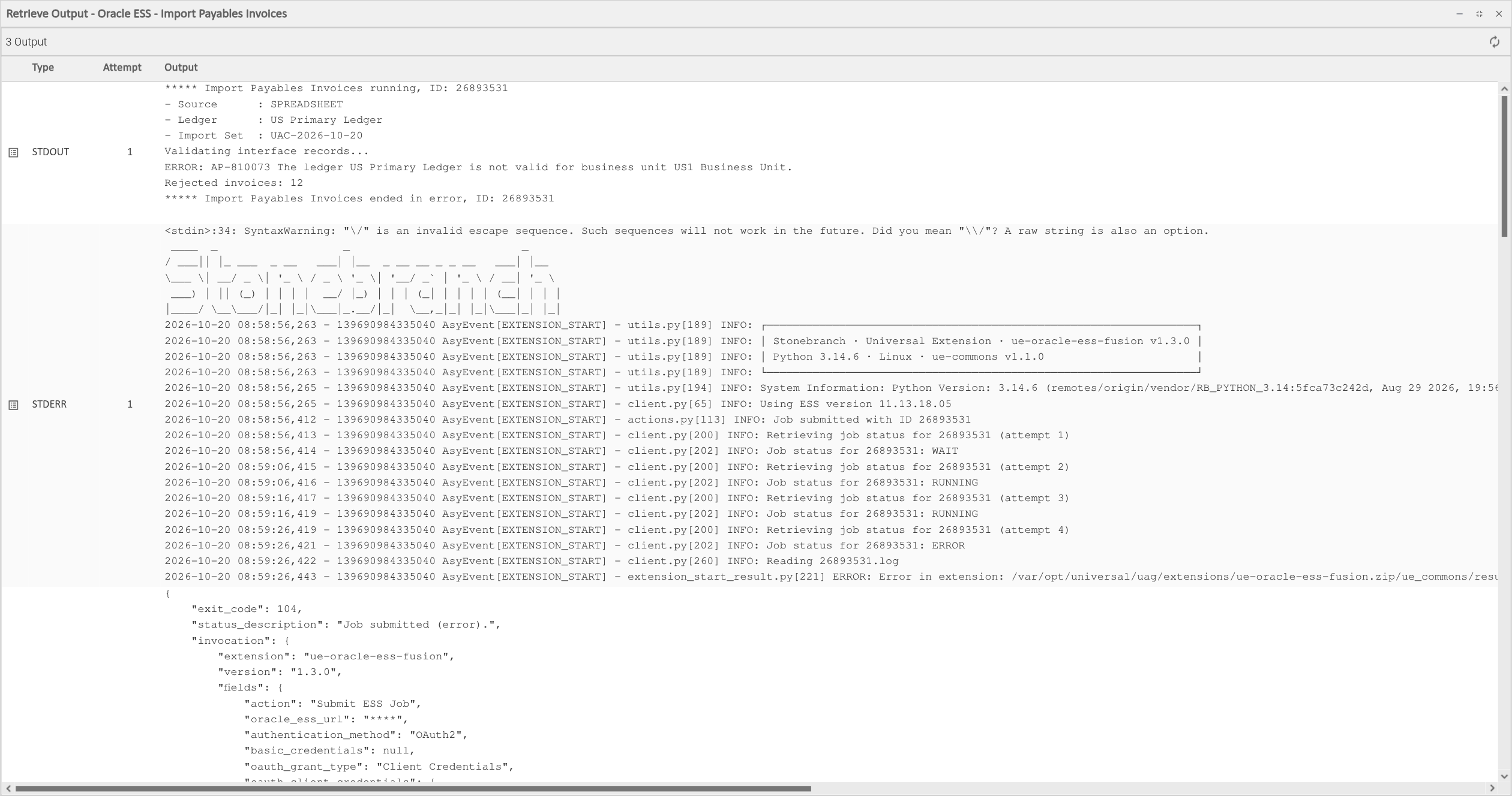 Output of a job that ended in error
