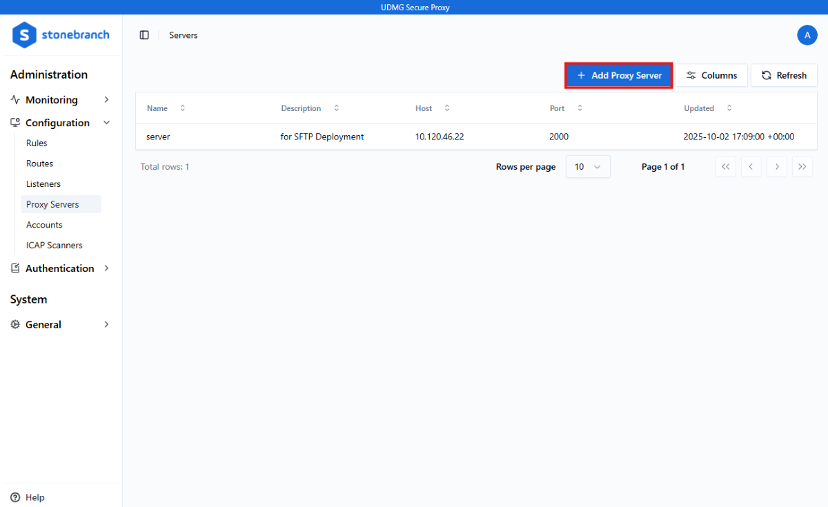 Screenshot of Proxy Server page with Add Proxy Server button highlighted