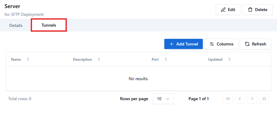 Screenshot of Proxy Server page with Tunnels tab highlighted