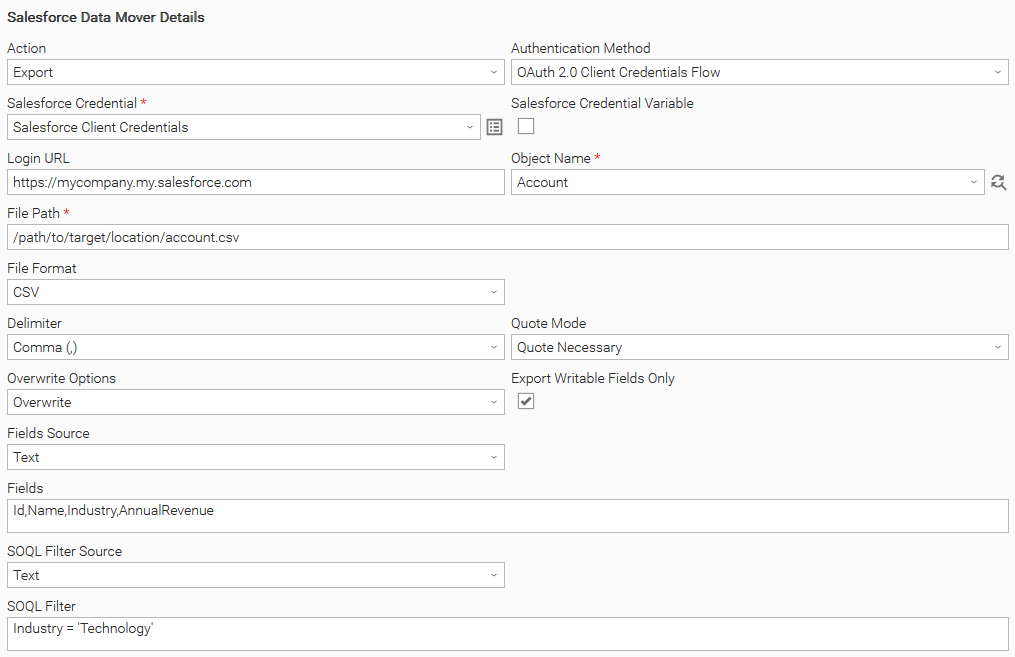 Configuration screenshot - export selected fields of filtered records