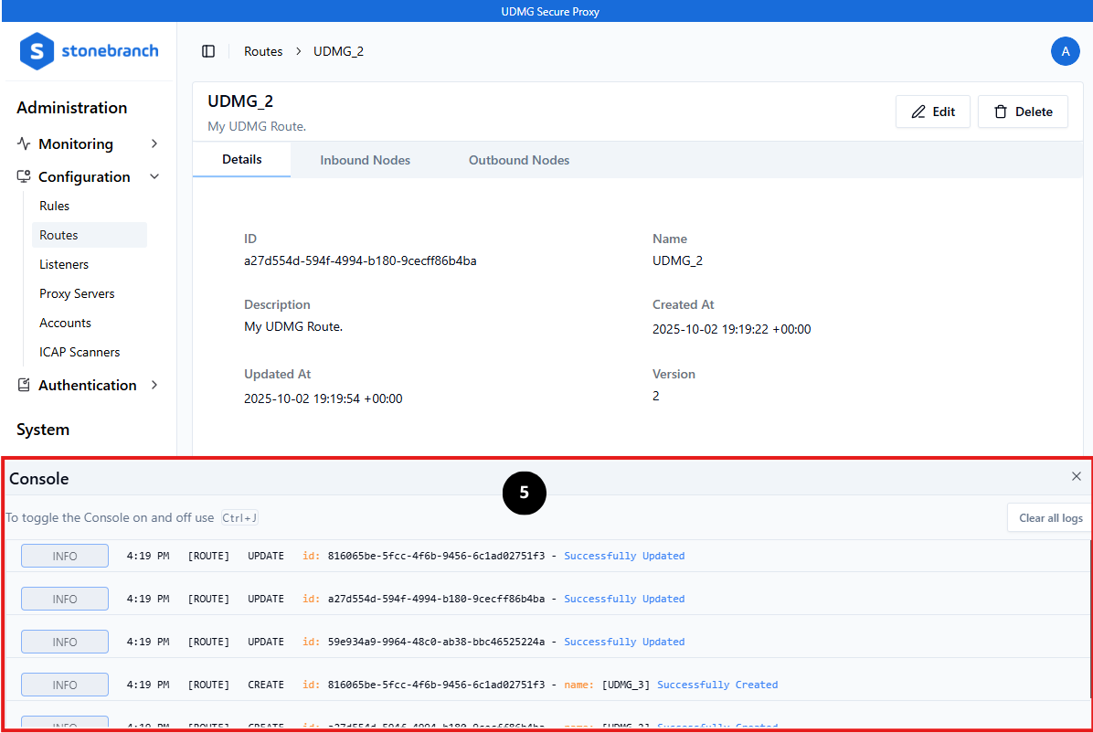 Screenshot of User Interface with the Console highlighted